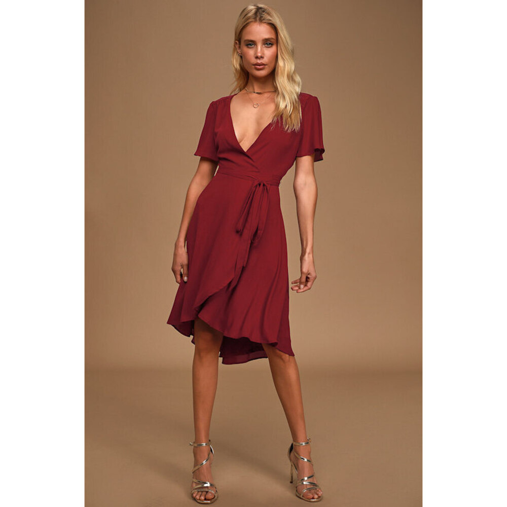 Lulus Rise To The Occasion Wine Red Burgundy Midi Wrap Dress Red - Size S